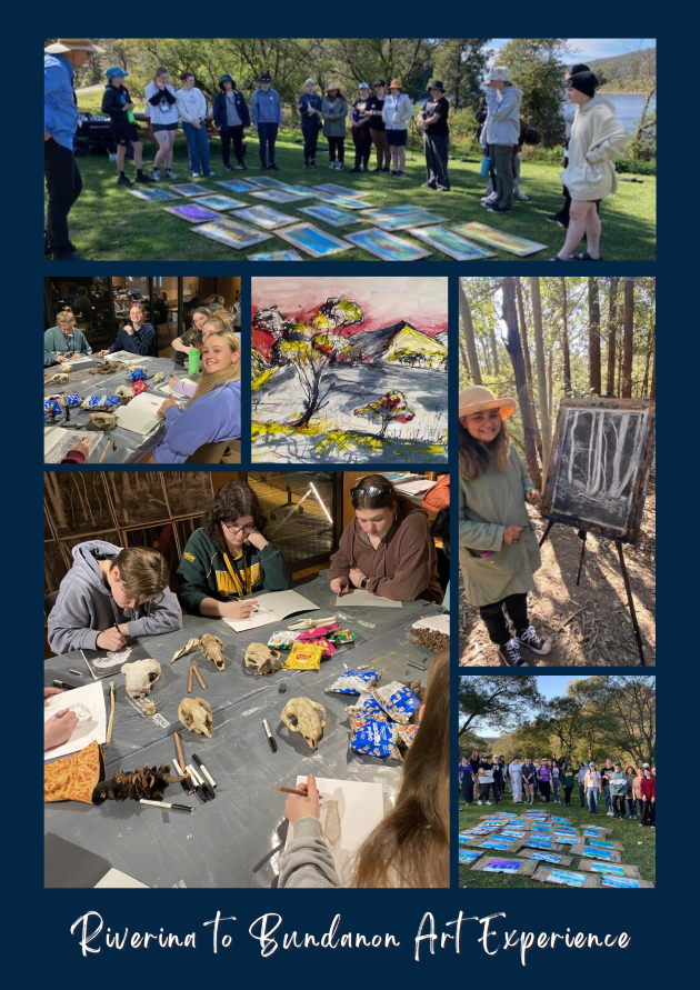 A collection of photos from the 2023 camp showing students working on and displaying their artworks.