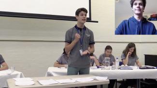 A picture-in-picture screenshot from a video of Alex De Araujo during a debate, and Alex watching the video of himself.