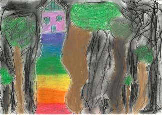 A charcoal and coloured chalk pastel drawing of a house with a coloured path situated amongst brown and green trees.