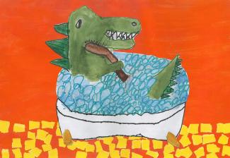 A mixed media collage artwork of a green dinosaur with spikes sitting in a blue bubble bath collaged onto an orange background with yellow squares depicting bathroom floor tiles.