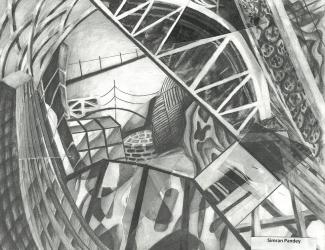 A black and white tonal pencil drawing of an abstracted architectural composition.