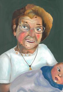 A portrait painting of a smiling grandma in a white tshirt and glasses holding a baby swaddled in blue in her arms.
