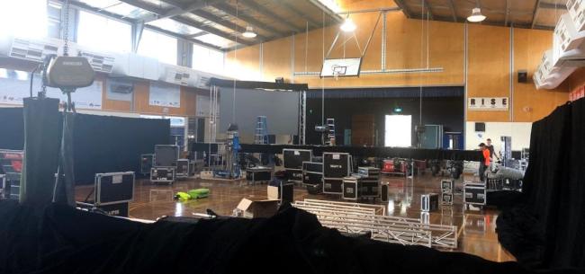 Setting up of a gymnasium for a show.