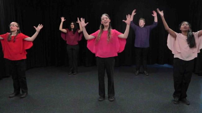 Five people doing Auslan in two staggered lines with arms outstretched, elbows bent and open hands