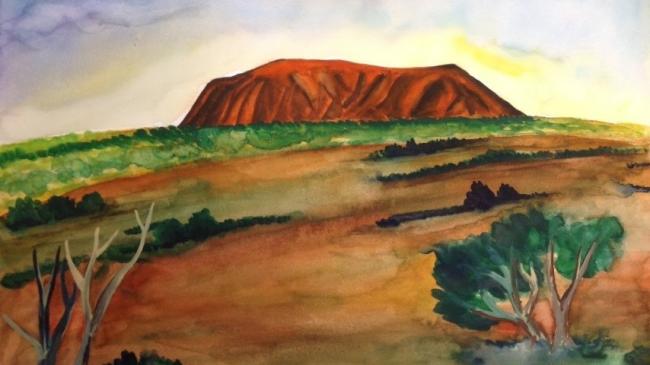The artwork 'Discovering Uluru' by Marie Ssa Kai, a painting of Uluru
