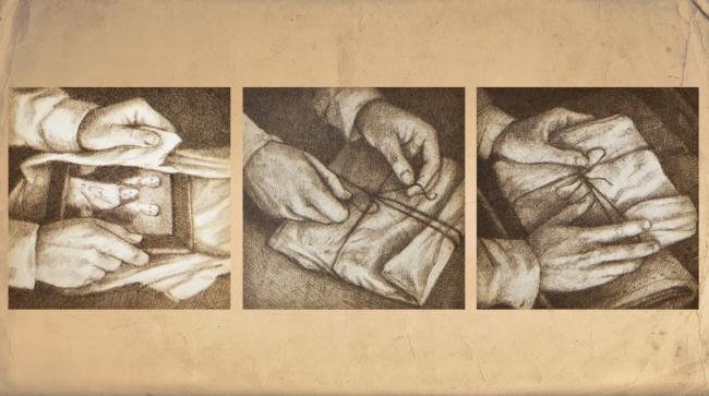 A drawing with three vignettes showing hands wrapping a framed picture and tying it up with string.