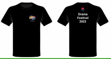 black t-shirt with bright coloured logo on the front and Drama Festival 2023 in white text on the back