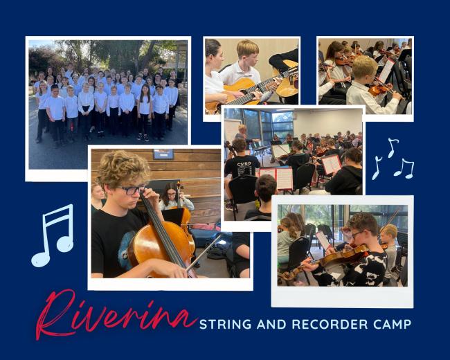 A group of photos from past camps showing students playing instruments including cello, violin, guitar and recorder.
