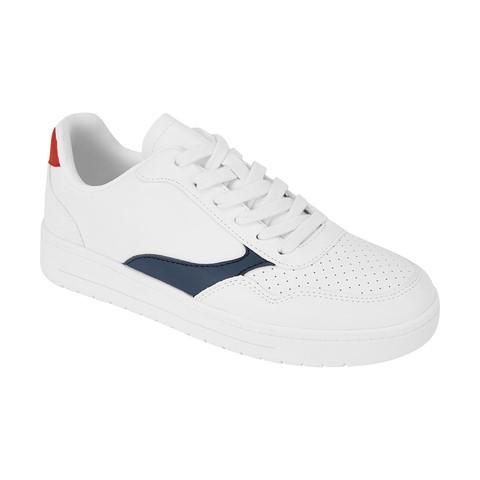 A plain white shoe with minimal shapes of blue and red