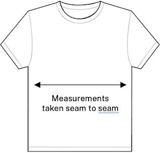 Diagram of a t-shirt indicating measurement to be taken from seam to seam under each arm