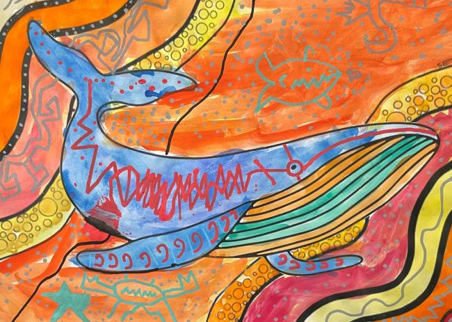 Multicoloured painting of a humpback whale. The back of the whale is blue, with red squiggles. The belly is striped green and orange. The background is a mix of warm colours with abstract drawings of sea life.