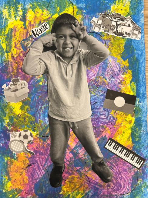 A collage featuring a large black and white picture of a student. He is surrounded by cut-outs of various objects. The background is multicoloured.