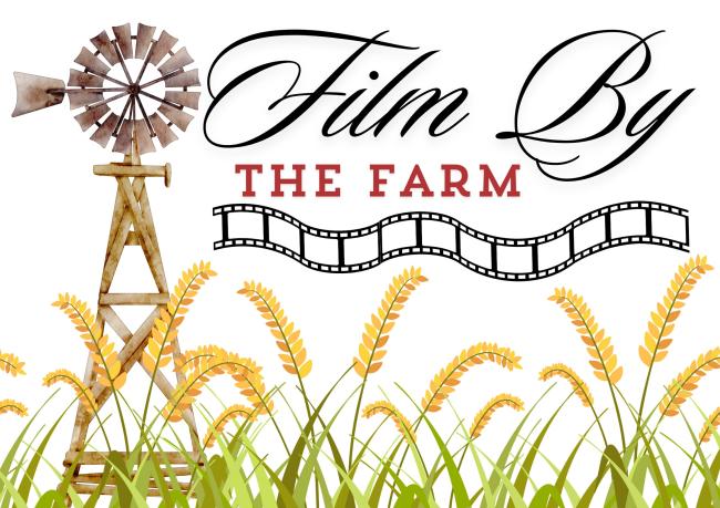 Windmill in the left top corner, with grass on the ground with the festival name 'Film By the Farm' at the top