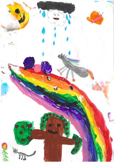 A child's drawing of a rainbow with a tree and unicorn