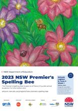 Poster for the 2023 Premier's Spelling Bee showing url for the program and a painting of flowers